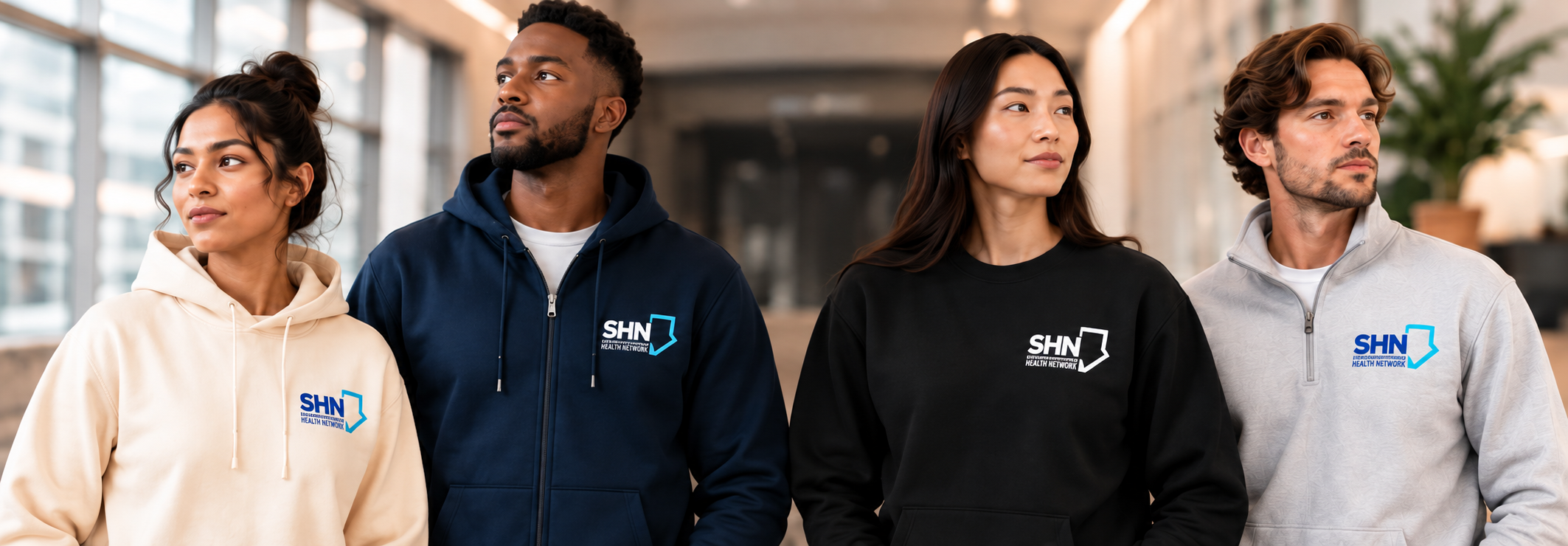 Four staff apparel styles in cream, navy, black and light grey